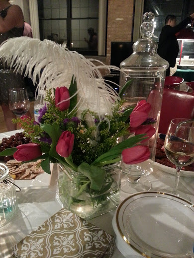 Feathers to add a little flair to the flowers, and glassware from HomeGoods
