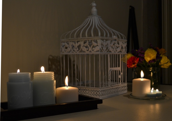 White birdcage and mason jar-shaped candles that smelled lovely, both from HomeGoods