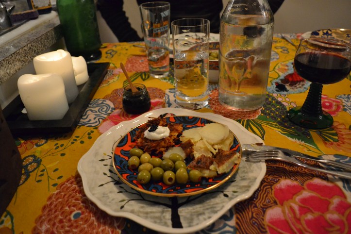 Appetizer plate: Spanish tortilla, olives, butternut squash rosti cakes
