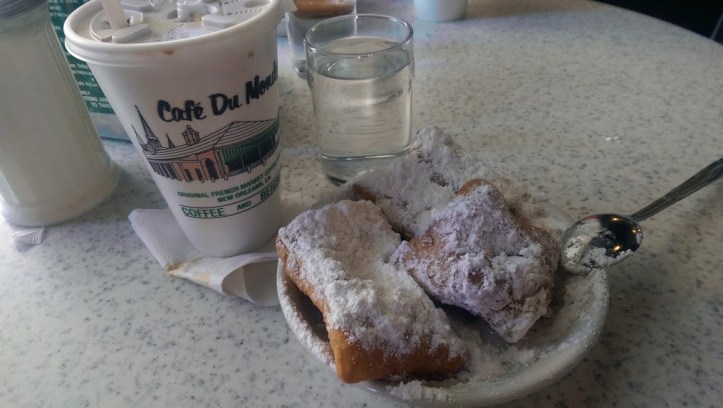 Beignets and cafe au lait at Cafe Du Monde